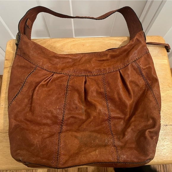 VTG Fossil Hobo Bag Brown Leather Brass Hardware Zip Closure - Picture 2 of 10